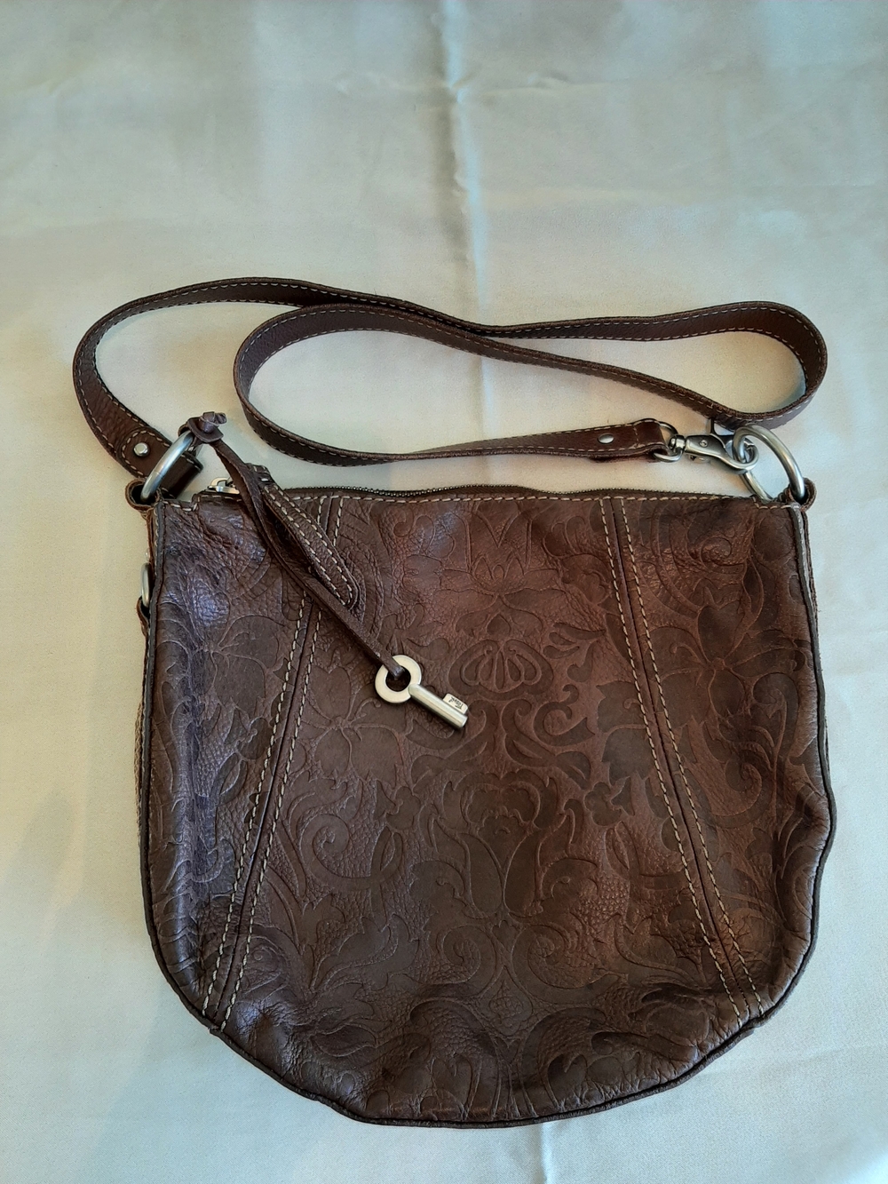 Brown  Fossil Cowgirl Floral-Embossed Leather Shoulder Crossbody Purse Bag